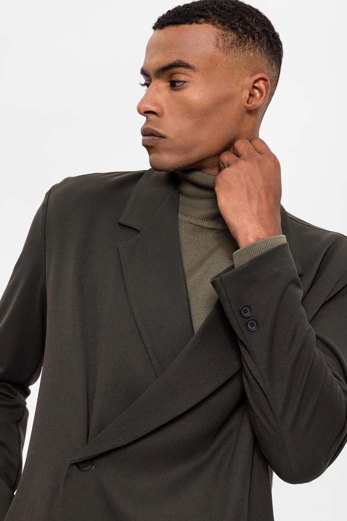 Men's Khaki Double Breasted Closure Hidden Pocket Blazer Jacket