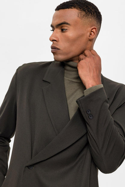 Men's Khaki Double Breasted Closure Hidden Pocket Blazer Jacket