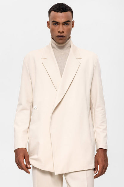 Men's Ecru Double Breasted Closure Hidden Pocket Blazer Jacket