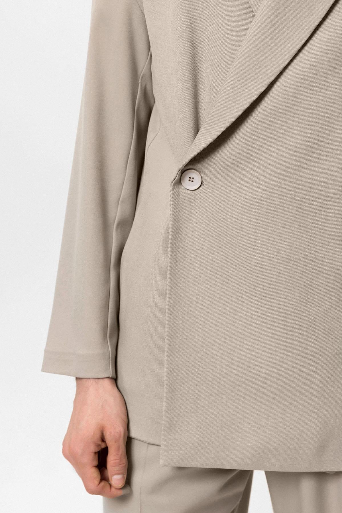 Men's Beige Double-Breasted Hidden Pocket Blazer
