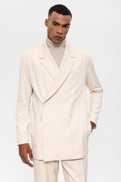 Men's Ecru Double Breasted Closure Hidden Pocket Blazer Jacket