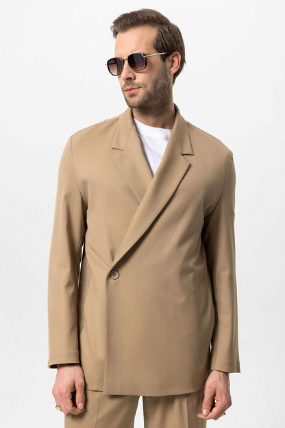 Men's Camel Double-Breasted Hidden Pocket Blazer