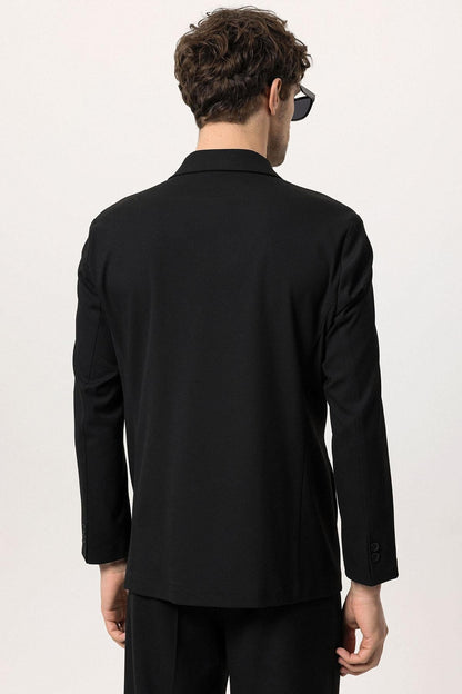 Men's Black Double Breasted Closure Hidden Pocket Blazer Jacket