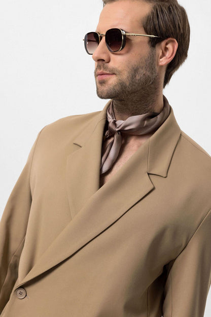 Men's Camel Double-Breasted Hidden Pocket Blazer