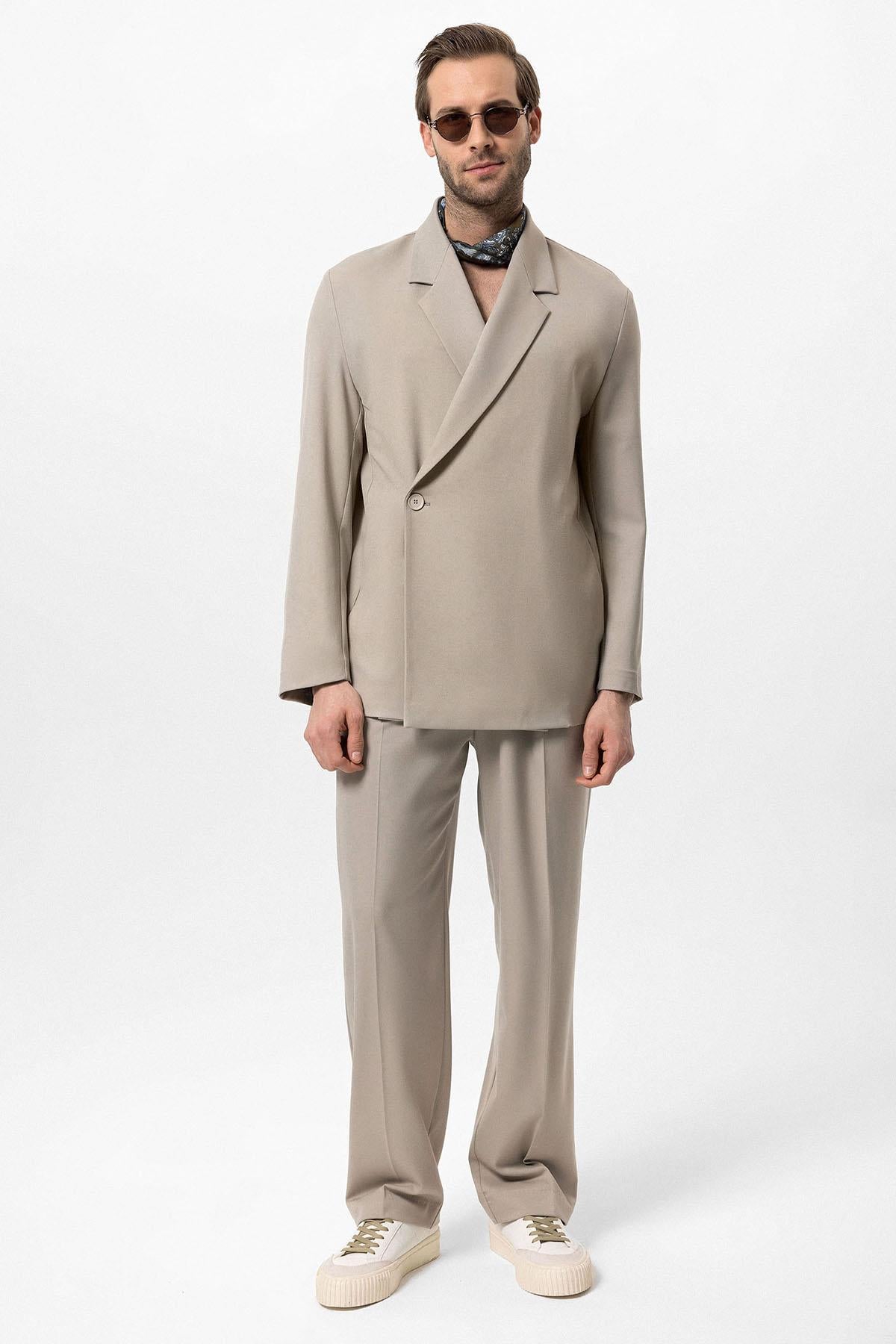 Men's Beige Double-Breasted Hidden Pocket Blazer