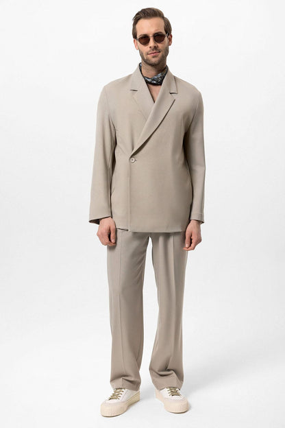 Men's Beige Double-Breasted Hidden Pocket Blazer