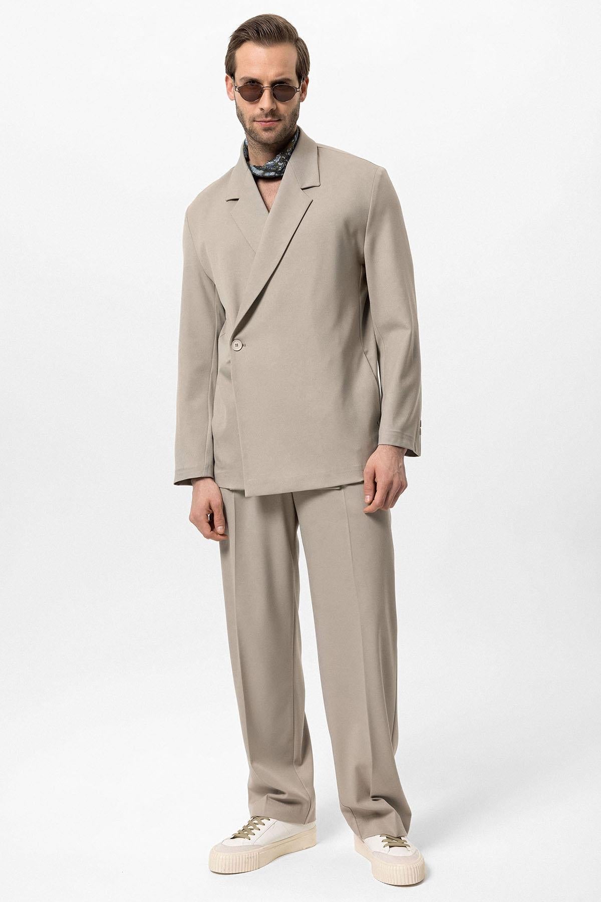 Men's Beige Double-Breasted Hidden Pocket Blazer