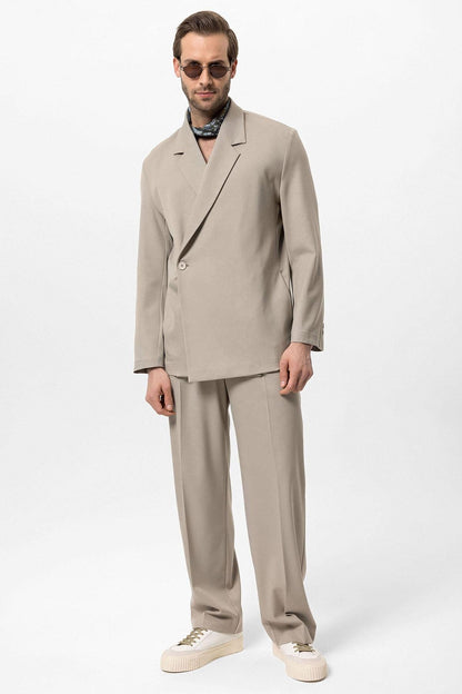 Men's Beige Double-Breasted Hidden Pocket Blazer
