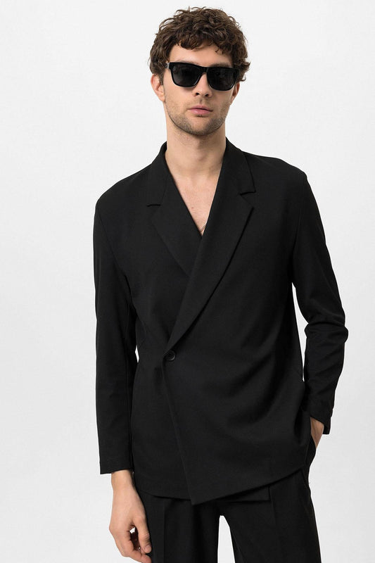 KOALA SYDNEY Men's Black Double Breasted Closure Hidden Pocket Blazer Jacket