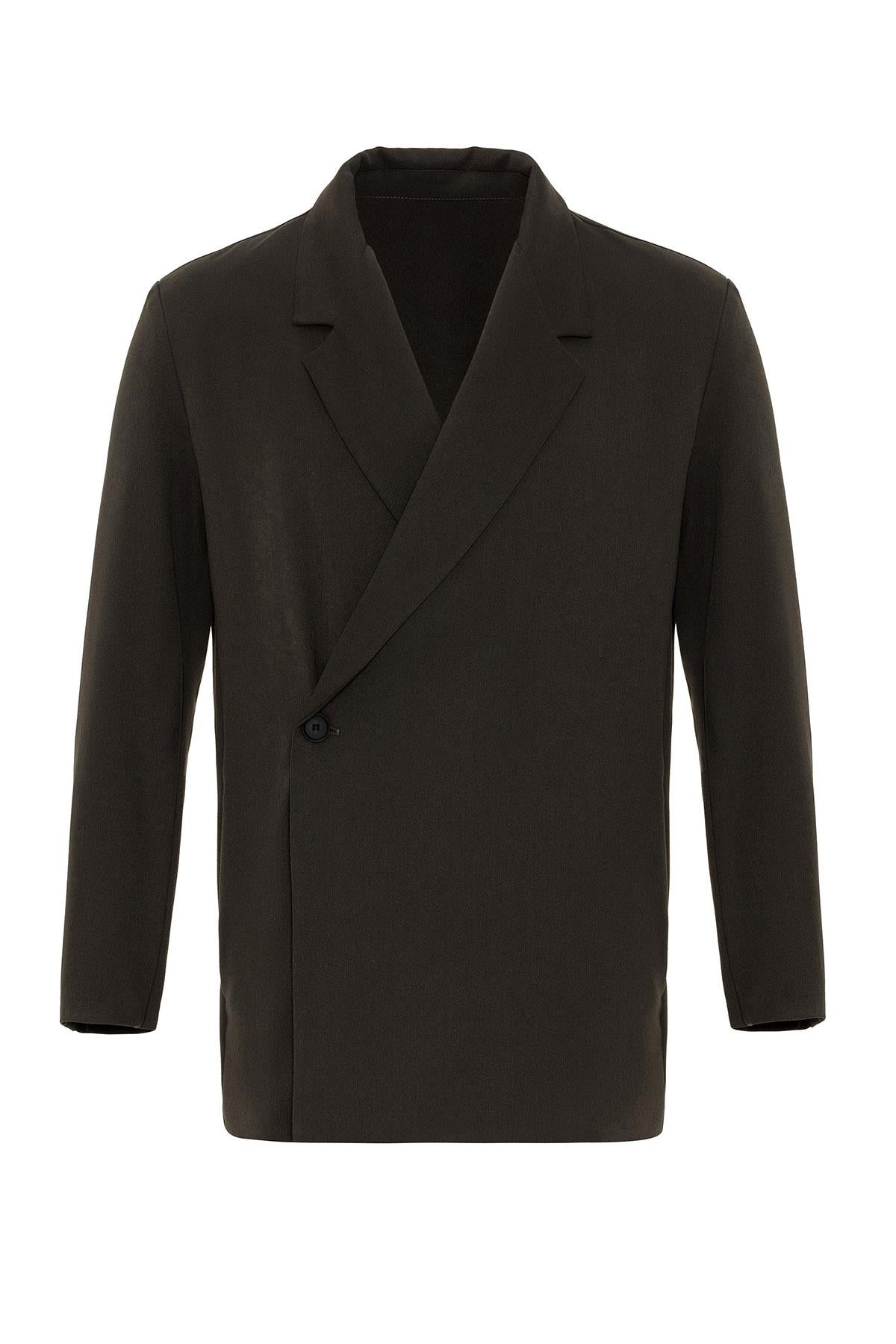Men's Khaki Double Breasted Closure Hidden Pocket Blazer Jacket