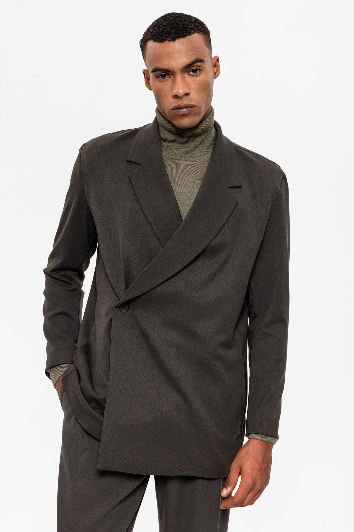 Men's Khaki Double Breasted Closure Hidden Pocket Blazer Jacket