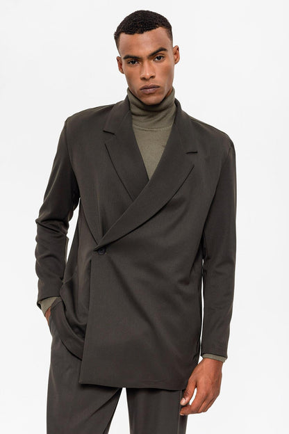 Men's Khaki Double Breasted Closure Hidden Pocket Blazer Jacket