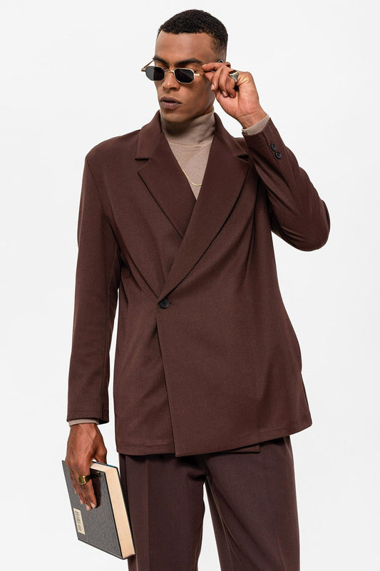 Men's Brown Double Breasted Closure Hidden Pocket Blazer Jacket