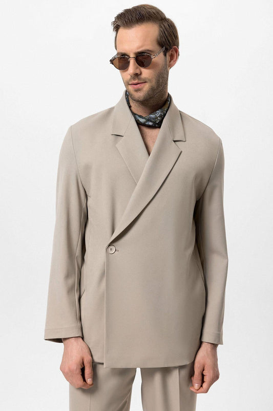 Men's Beige Double-Breasted Hidden Pocket Blazer