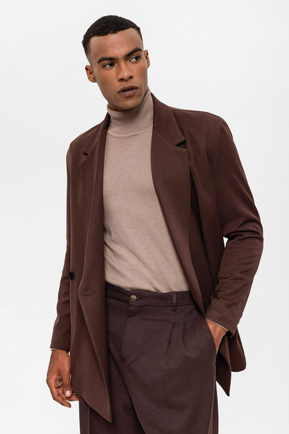 Men's Brown Double Breasted Closure Hidden Pocket Blazer Jacket