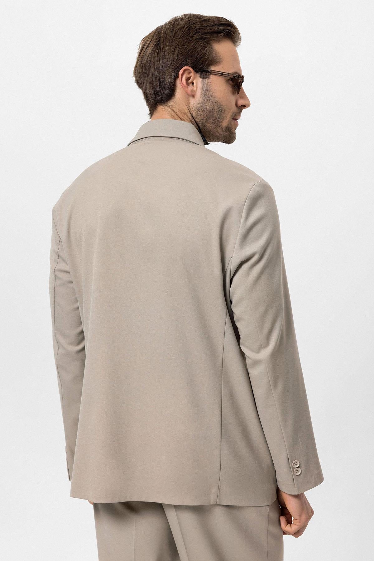 Men's Beige Double-Breasted Hidden Pocket Blazer
