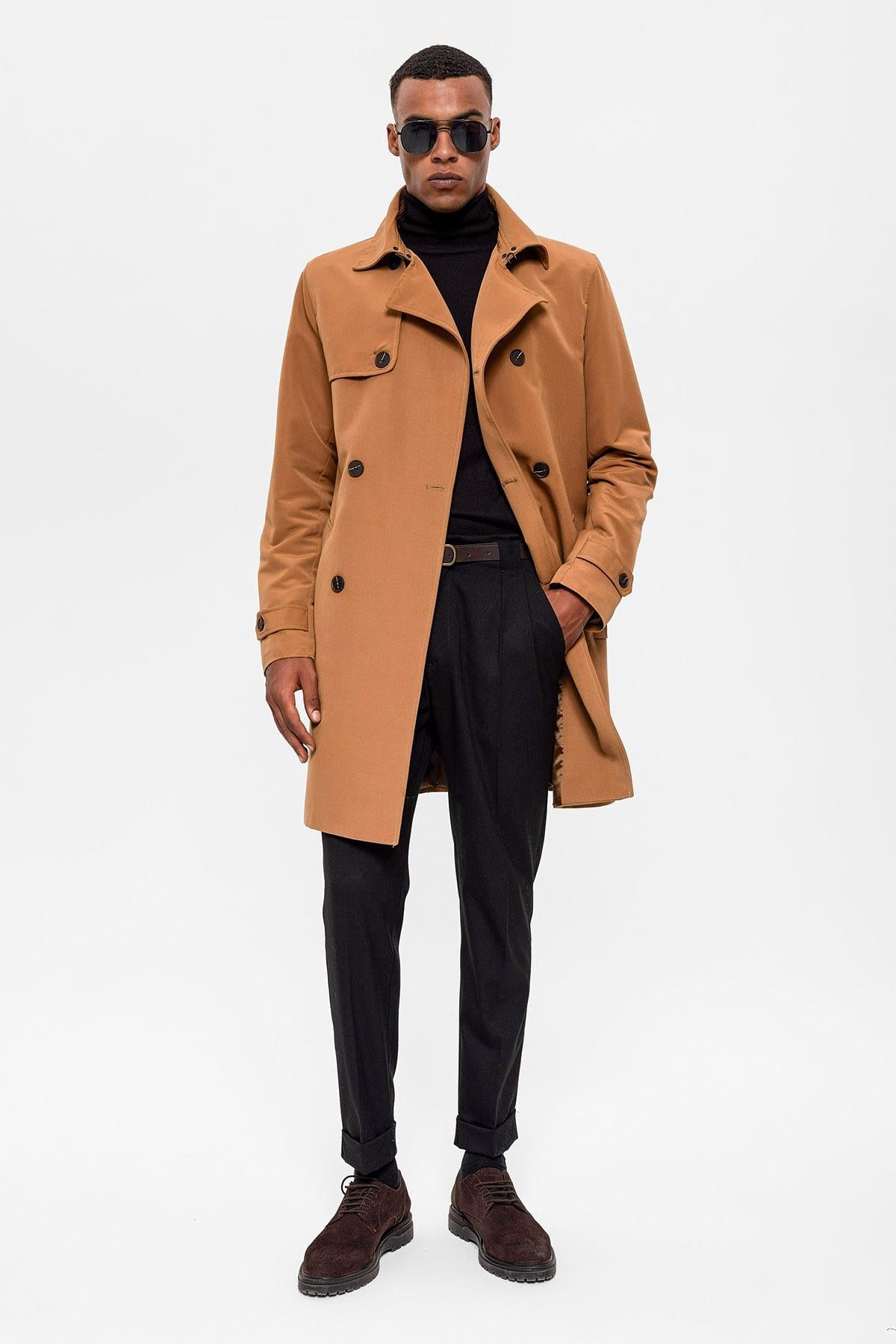 Men's Tan Belted Double Breasted Trench Coat