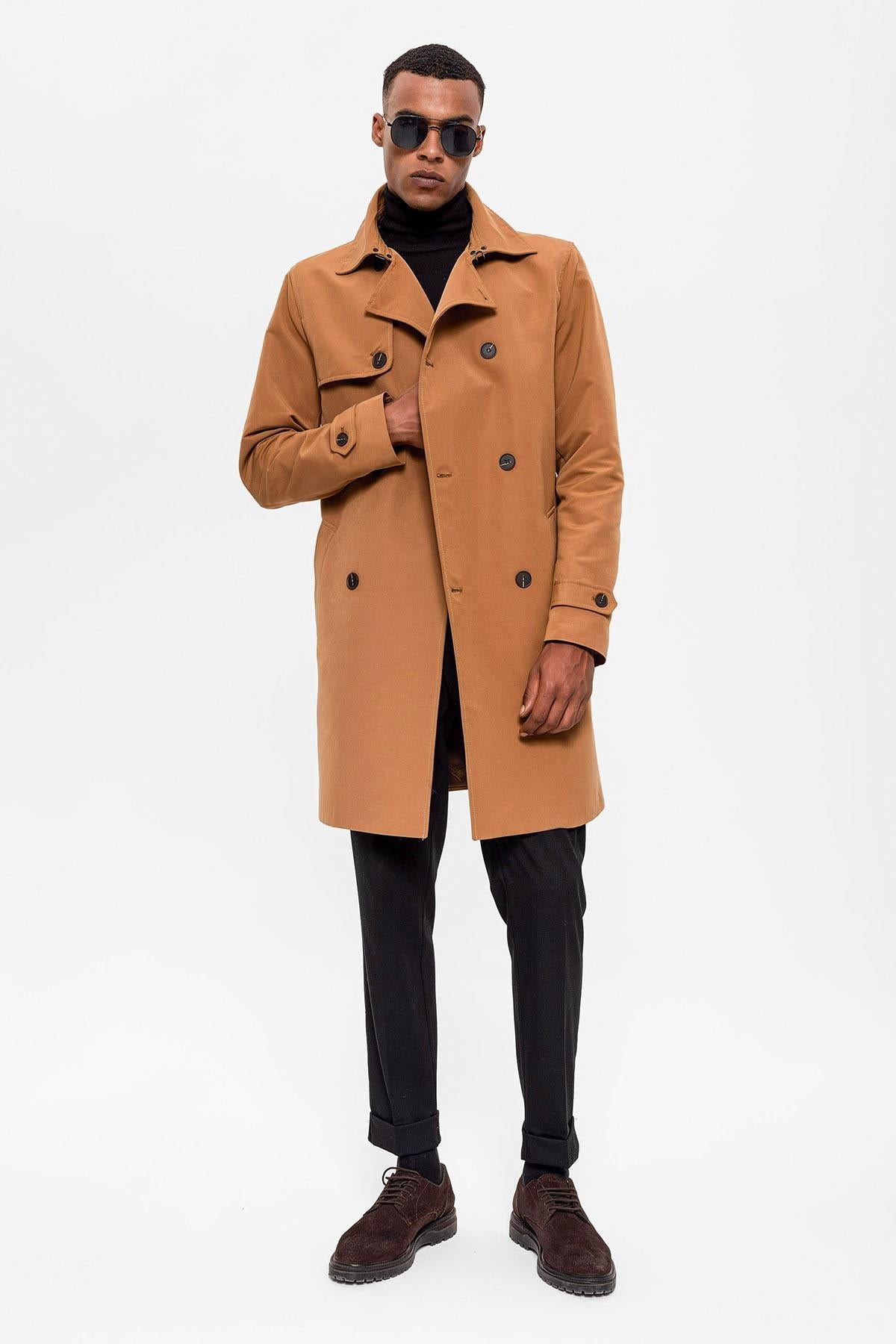 Men's Tan Belted Double Breasted Trench Coat