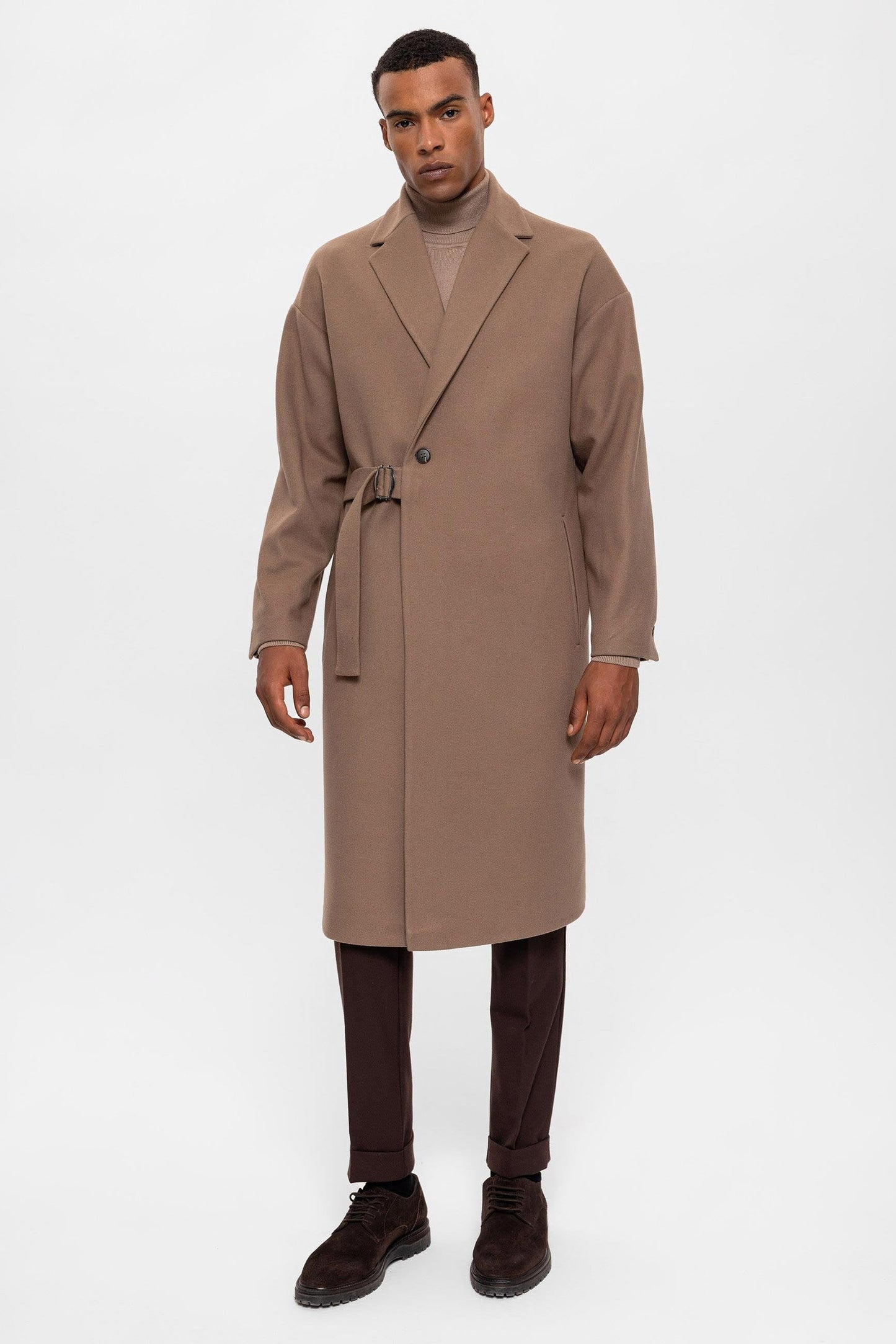Beige Belted Oversize Men Coats