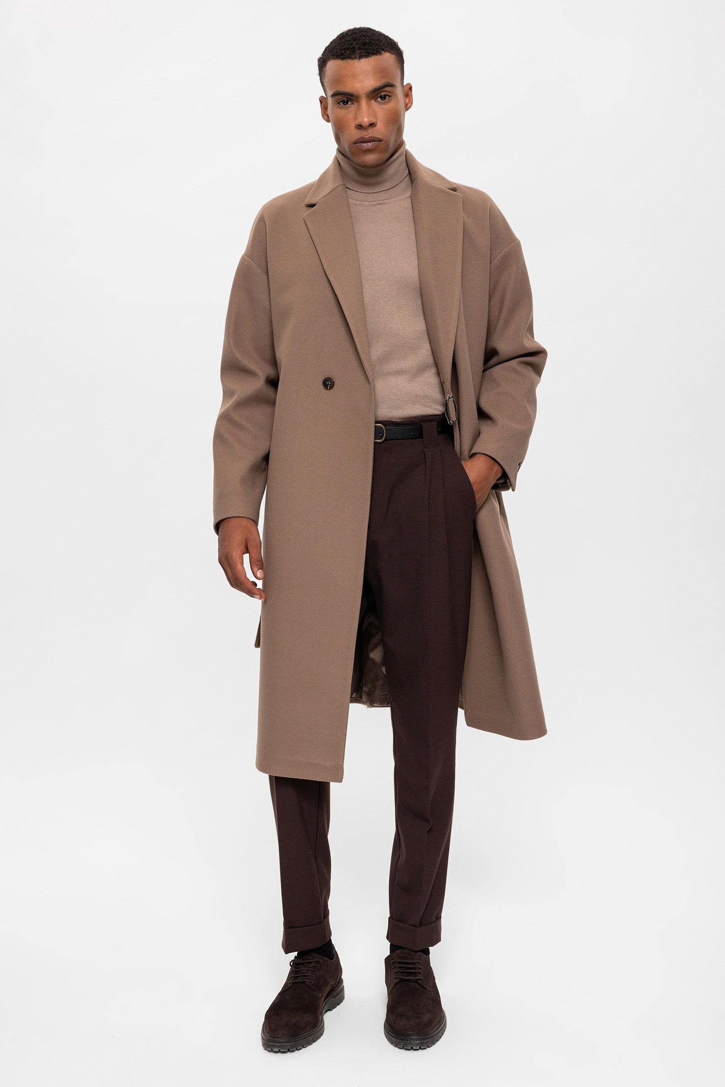 Beige Belted Oversize Men Coats