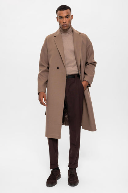 Beige Belted Oversize Men Coats