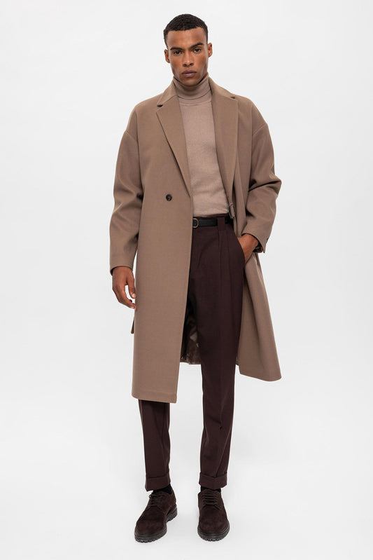 Beige Belted Oversize Men Coats