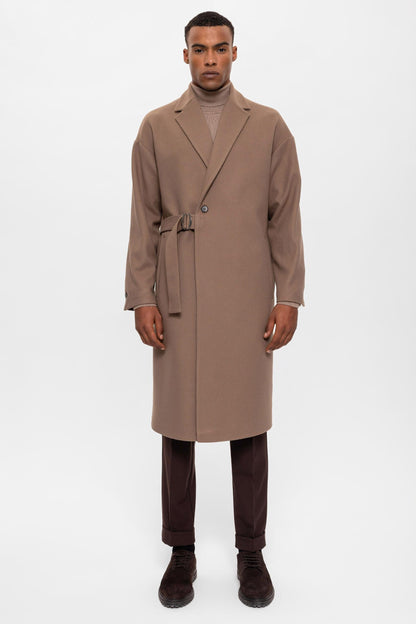 Beige Belted Oversize Men Coats