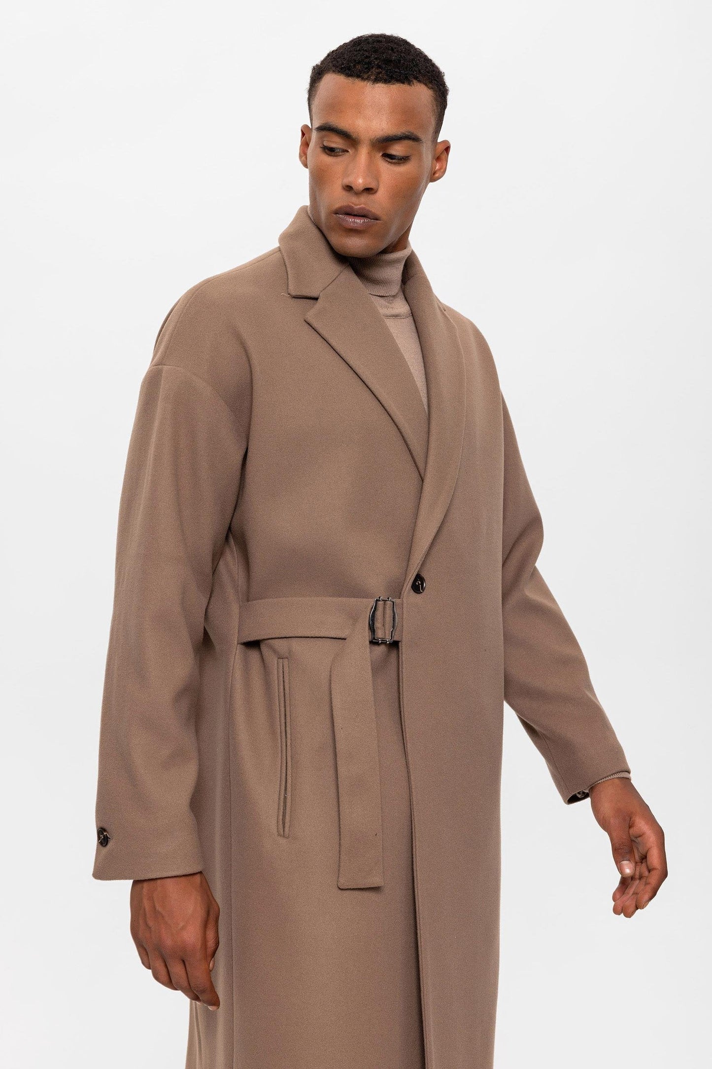 Beige Belted Oversize Men Coats