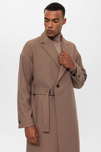 Beige Belted Oversize Men Coats