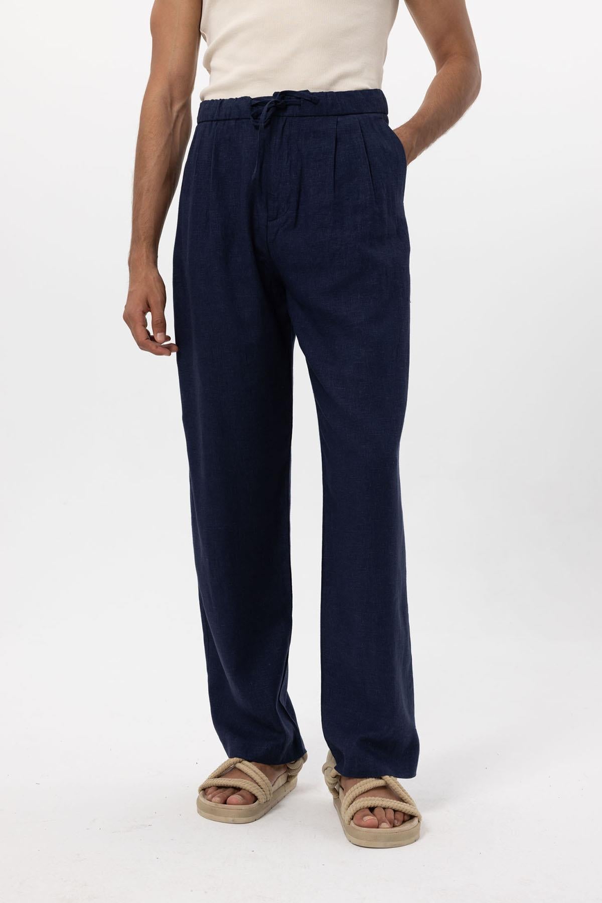 Men's Navy Blue Navy Belted Linen Blend Pants