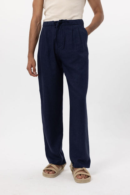 Men's Navy Blue Navy Belted Linen Blend Pants