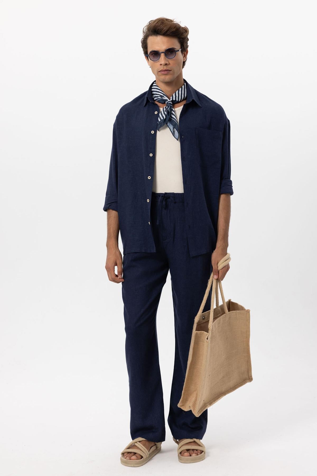 Men's Navy Blue Navy Belted Linen Blend Pants