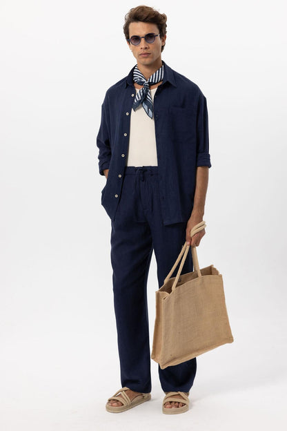 Men's Navy Blue Navy Belted Linen Blend Pants