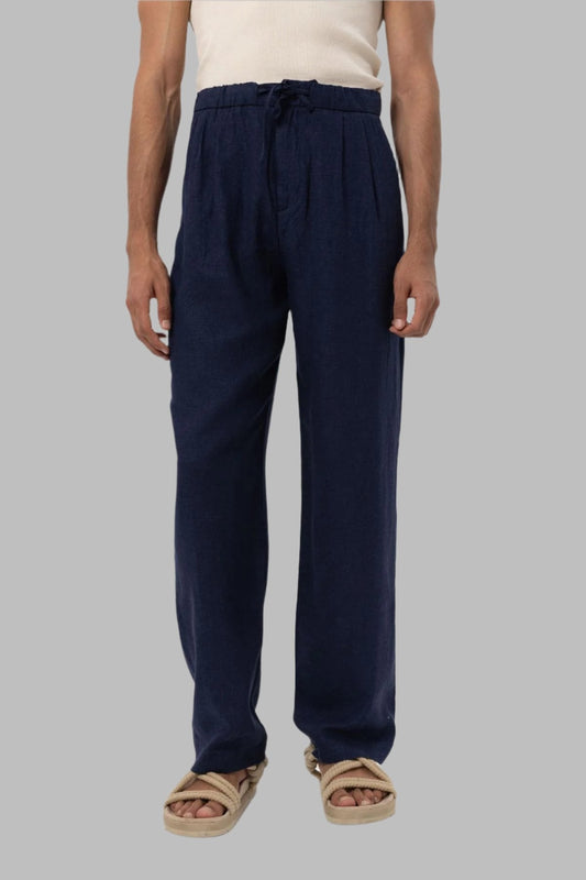 Men's Navy Blue Navy Belted Linen Blend Pants
