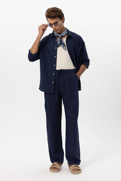 Men's Navy Blue Navy Belted Linen Blend Pants
