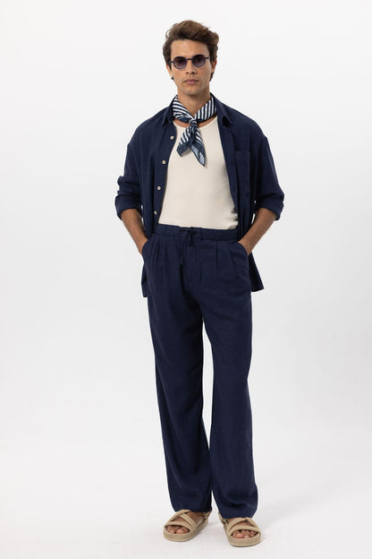 Men's Navy Blue Navy Belted Linen Blend Pants