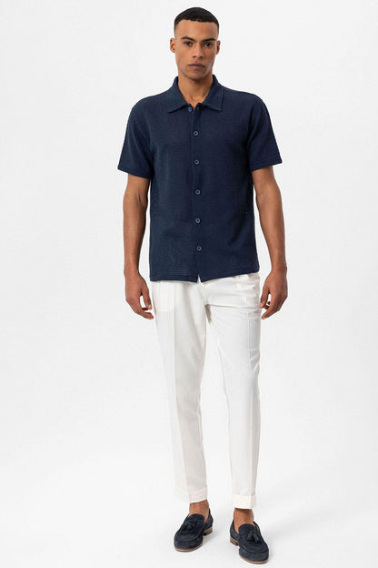 Men's Navy Blue Navy Textured Short-Sleeve Shirt