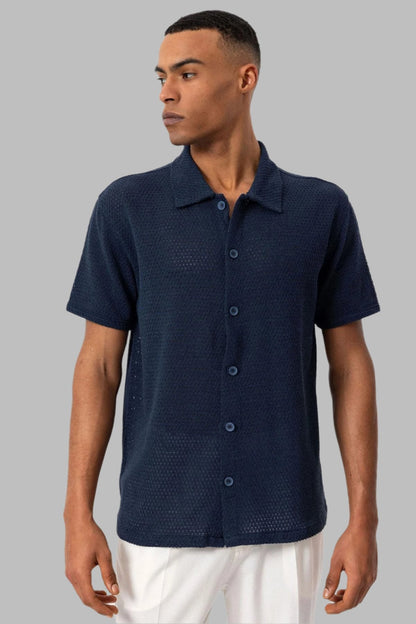 Men's Navy Blue Navy Textured Short-Sleeve Shirt