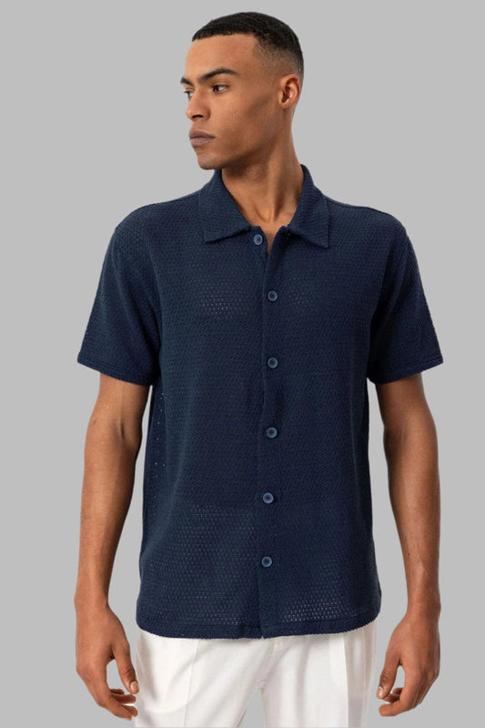 Men's Navy Blue Navy Textured Short-Sleeve Shirt -