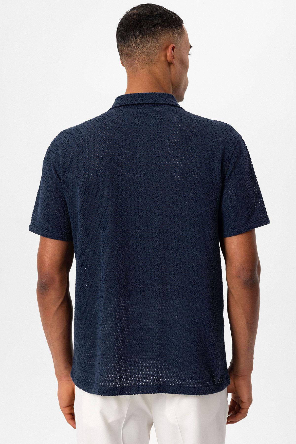 Men's Navy Blue Navy Textured Short-Sleeve Shirt