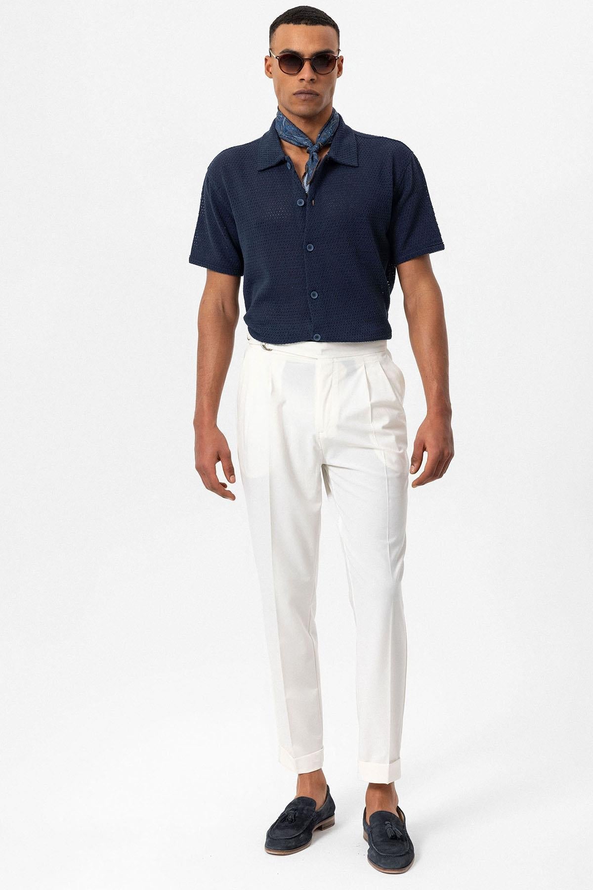 Men's Navy Blue Navy Textured Short-Sleeve Shirt -