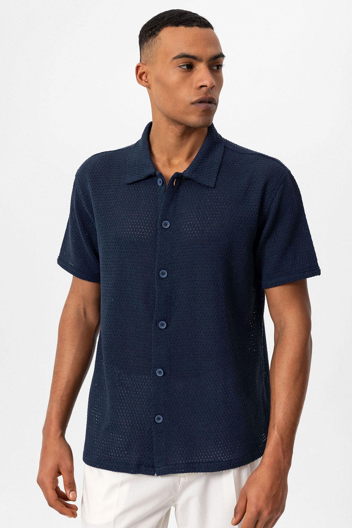 Men's Navy Blue Navy Textured Short-Sleeve Shirt