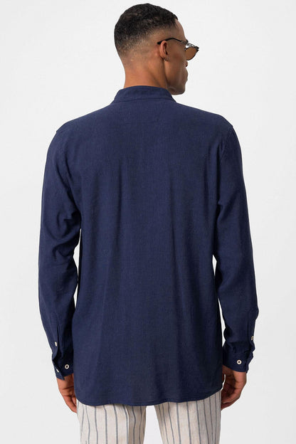 Men's Navy Blue Navy Mandarin Collar Long-Sleeve Shirt