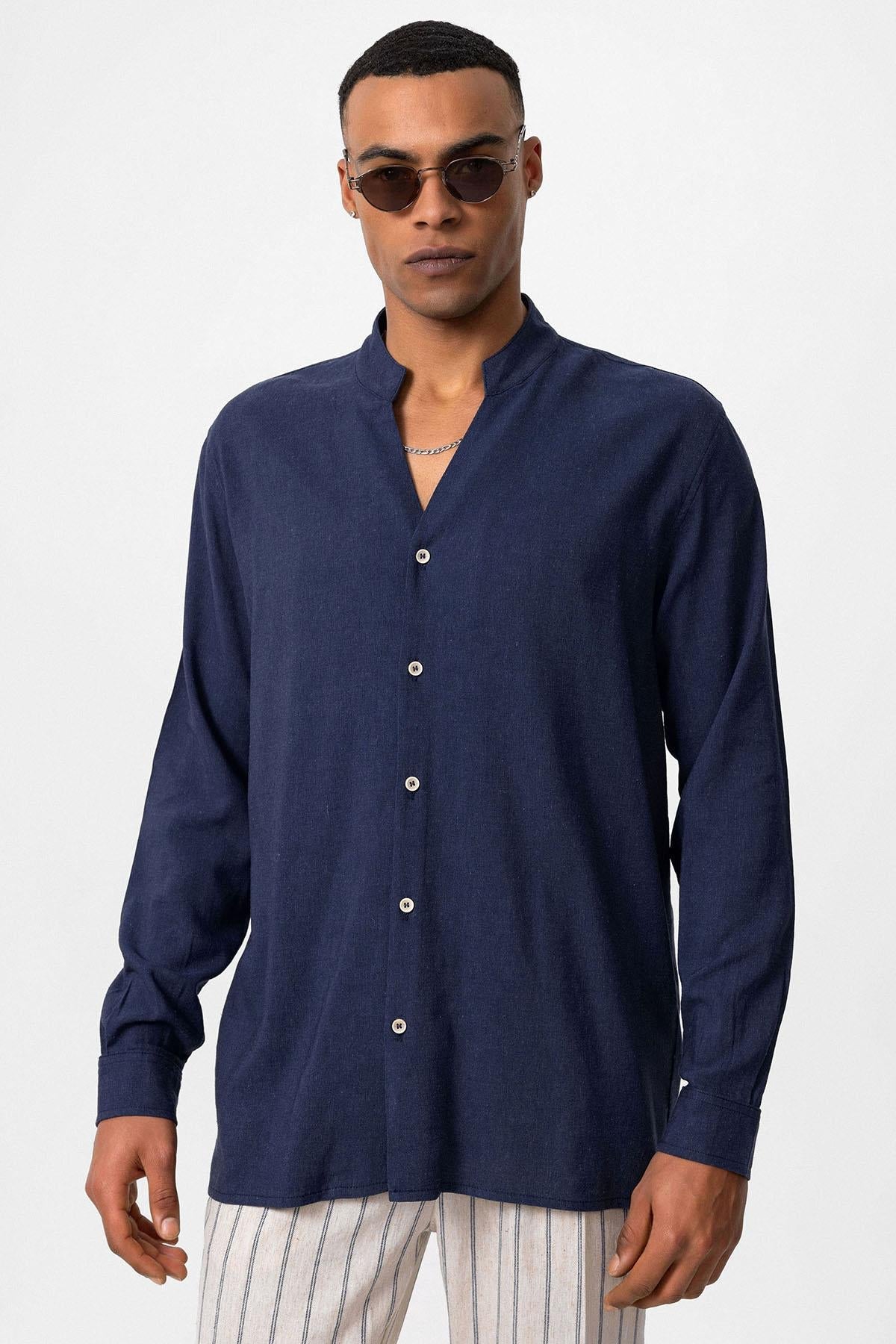 Men's Navy Blue Navy Mandarin Collar Long-Sleeve Shirt