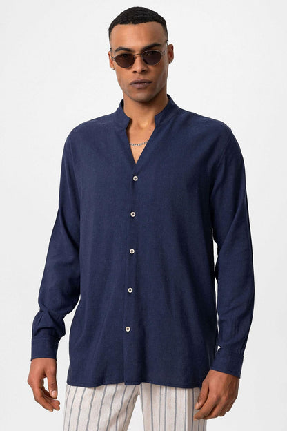Men's Navy Blue Navy Mandarin Collar Long-Sleeve Shirt