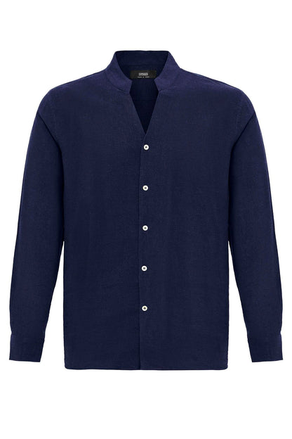 Men's Navy Blue Navy Mandarin Collar Long-Sleeve Shirt