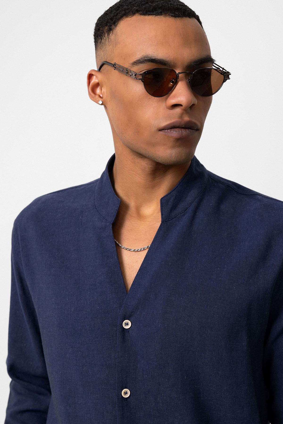 Men's Navy Blue Navy Mandarin Collar Long-Sleeve Shirt