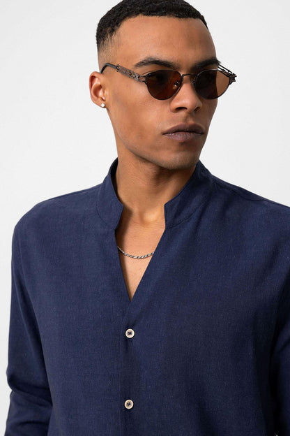 Men's Navy Blue Navy Mandarin Collar Long-Sleeve Shirt