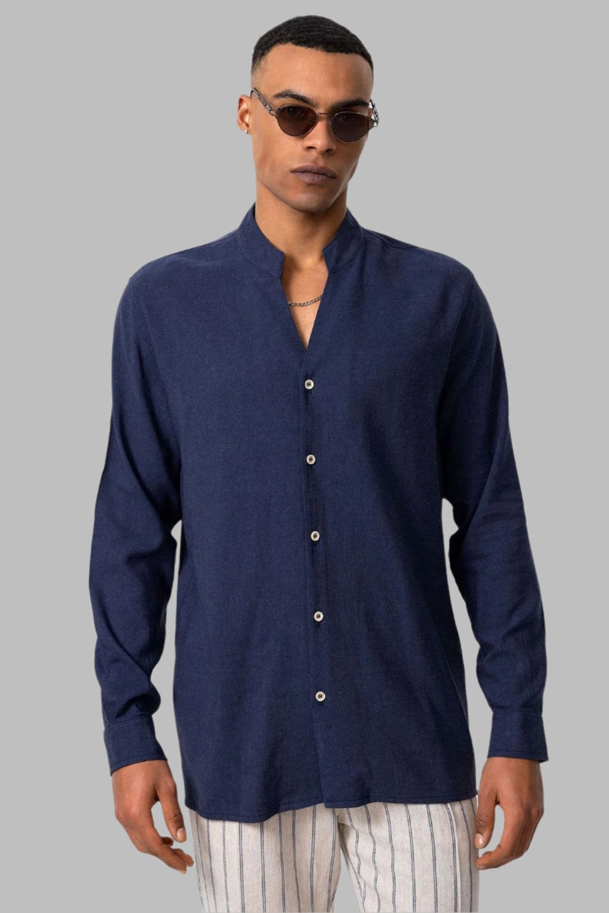 Men's Navy Blue Navy Mandarin Collar Long-Sleeve Shirt