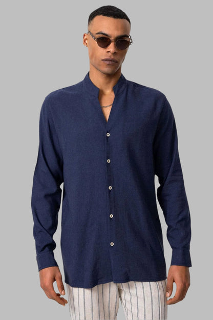 Men's Navy Blue Navy Mandarin Collar Long-Sleeve Shirt